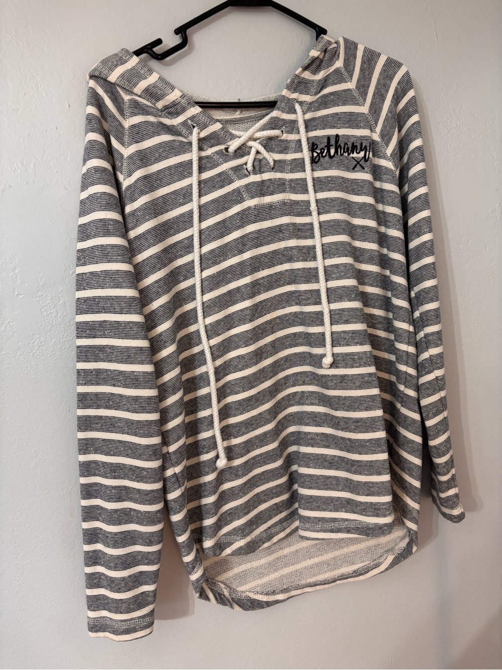 Blue 84 Navy & White Striped Lace-Up V-Neck Hoodie Sweater